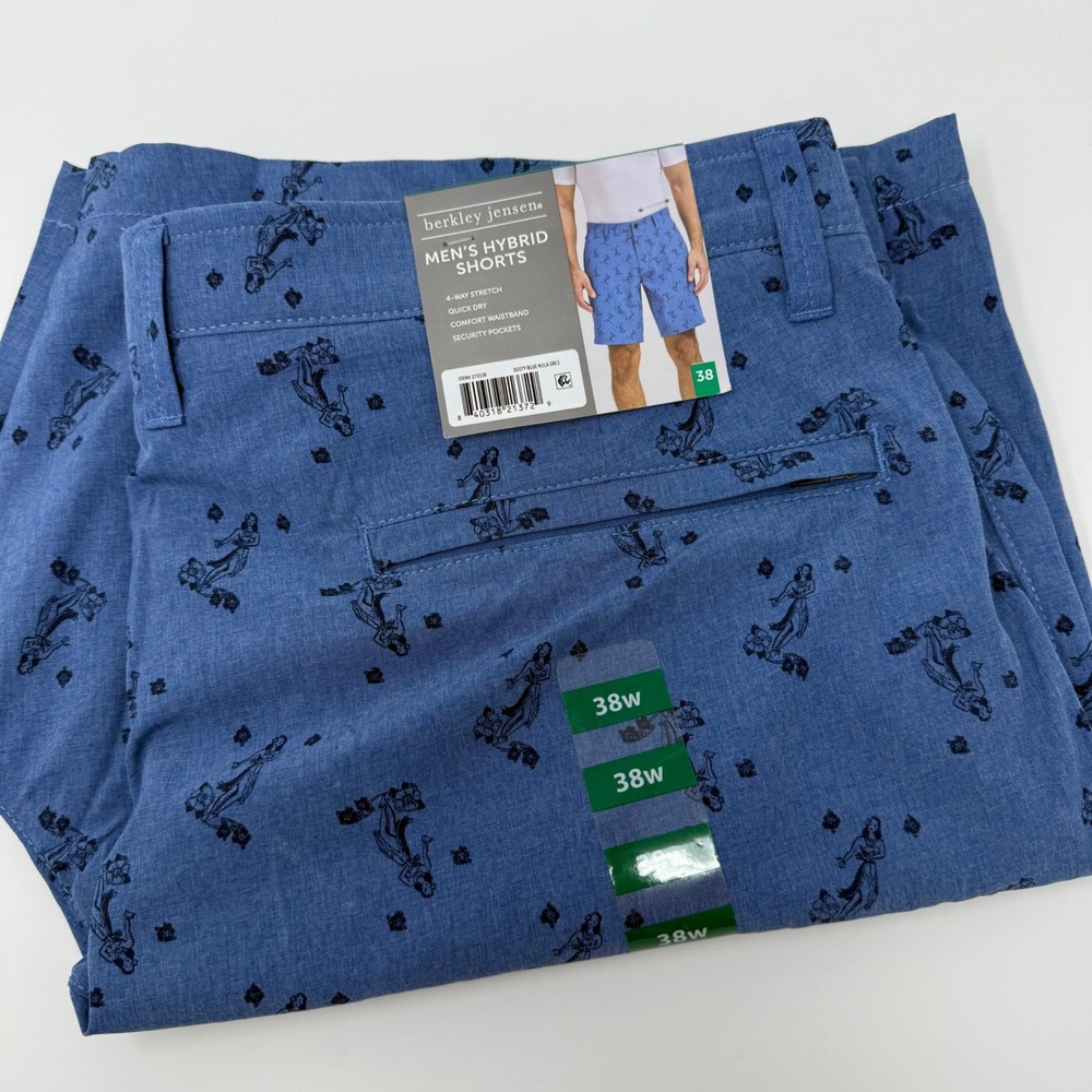 Berkley Jensen Mens Hybrid Shorts 38 Dusty Blue Hula Girls Quick Dry Stretch NEW